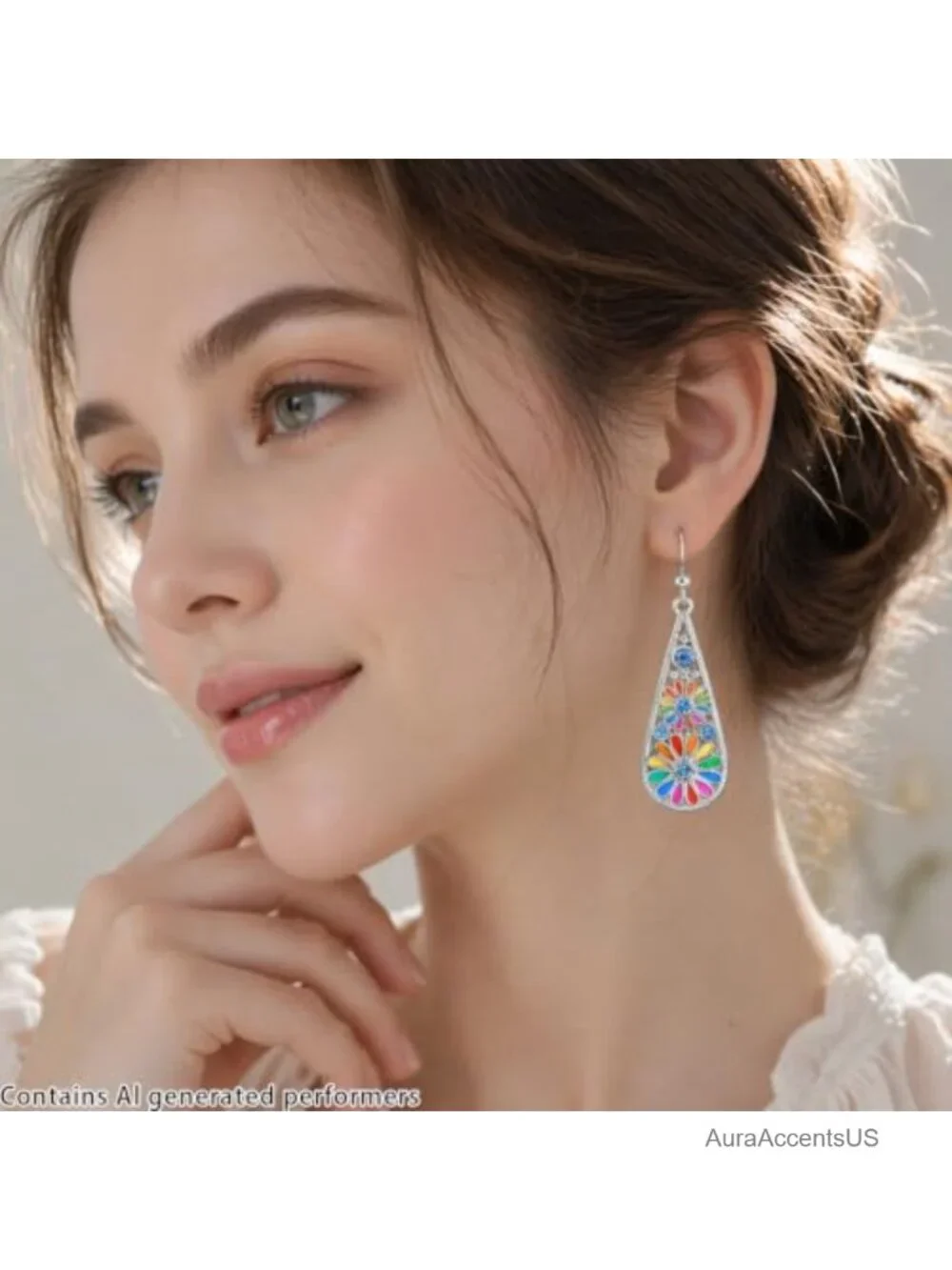 Bohemian Crystal Teardrop Pendant Dangle Earrings, Enamel Flower Hook Earrings,